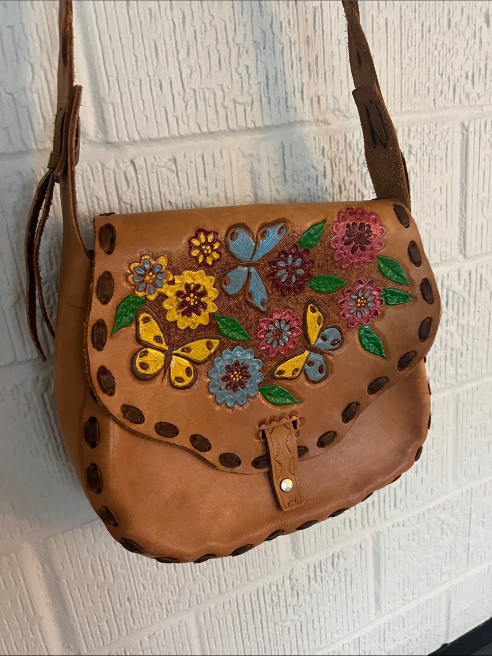 Hand-Painted Floral & Butterfly Leather Crossbody Bag - Tan